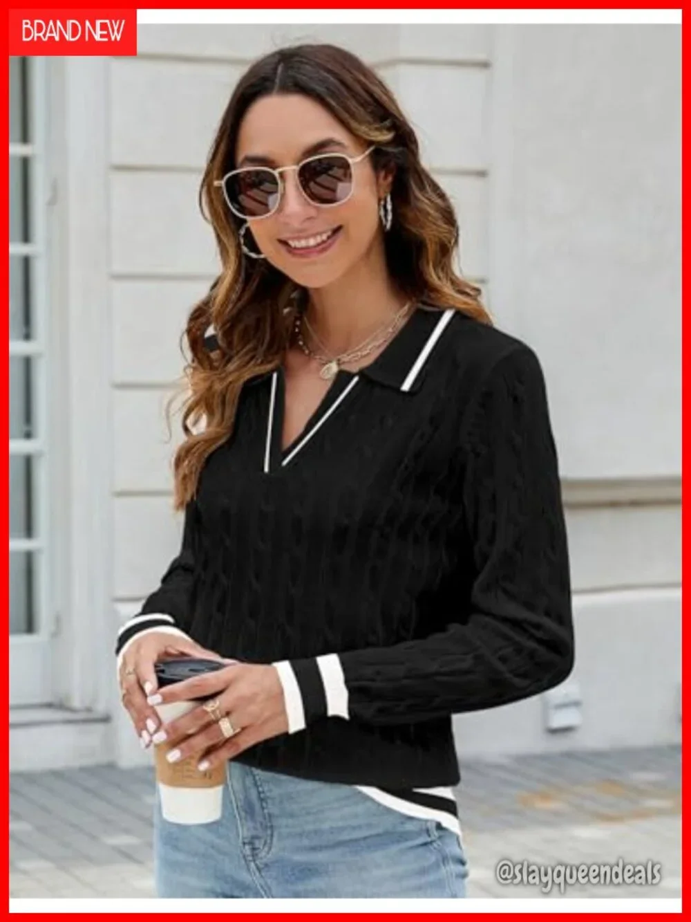 Lapel V Neck Cable Knit Pullover Sweater Long Sleeve Soft Jumper